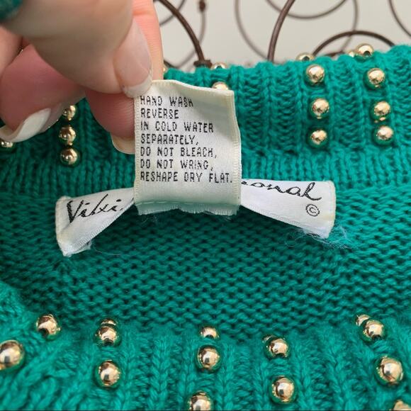 Vintage 90s teal gold art deco beaded cowl neck tunic sweater MEDIUM - Picture 6 of 9
